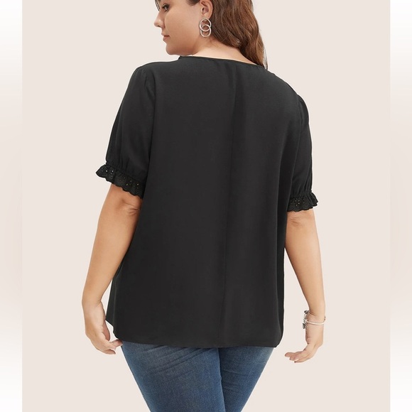 BloomChic Plus Size XL Solid Lace Trim Button Up Laser Cut Puff Sleeve Blouse - Picture 2 of 6